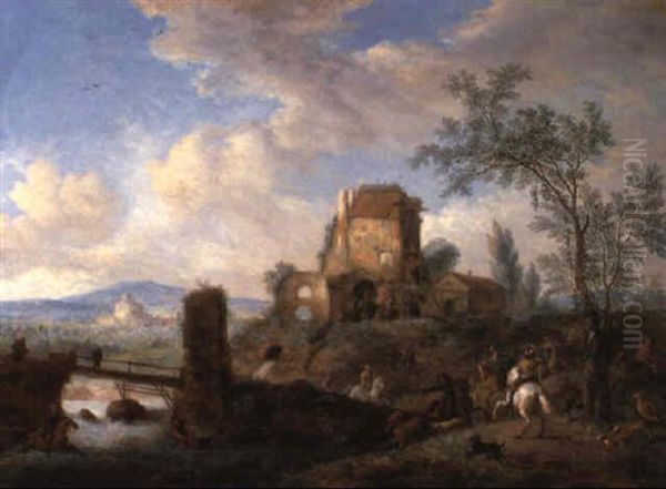 A Rural Landscape With A Stag Hunt Converging On The The Banks Of A River - view 1
