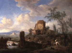 A Rural Landscape With A Stag Hunt Converging On The The Banks Of A River
