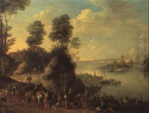 Estuary Landscape With Figures Unloading Small Boats by Jan Frans van Bredael the Elder