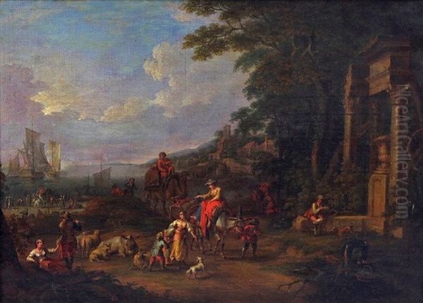 Figures And Animals Beside A Classical Ruin - view 1