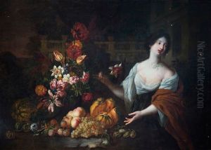 Portrait D Efemme Dans Un Parc Presentant Une Nature Morte De Fleurs Et Fruits by Jan Peter van Bredael the Elder
