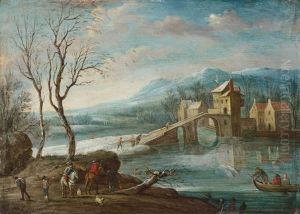 Winter Landscape With River And Bridge by Jan Peter van Bredael the Elder