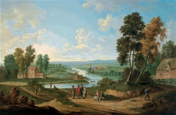 Weite Flusslandschaft Mit Bauernhausern Und Figuren - view 1