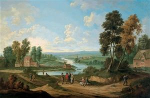 Weite Flusslandschaft Mit Bauernhausern Und Figuren