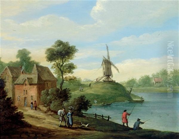 Hauser Und Eine Windmuhle An Einem Fluss Mit Figuren - view 1