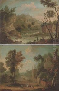 A Landscape With Figures On A Track By A Country House (+ A Mountainous River Landscape With Hunters By A Waterfall; Pair) by Jan Peter van Bredael the Elder