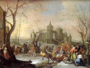 Traineau Et Patineurs Devant Un Village Fortifie Sous La Neige