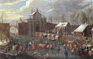 A Winter Scene With Elegant Figures Skating And A Horse-drawn Sleigh On A Frozen Canal Outside A City Gate A Winter Scene With Elegant Figures Skating And A Horse-drawn Sleigh On A Frozen Canal Outside A City Gate