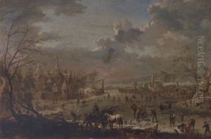 A Winter Landscape With Villagers Skating On A Frozen River And Wood Gatherers With A Horse And Wagon In The Foreground, A Castle Beyond