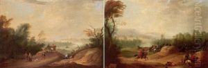 River Landscape With A Cavalry Skirmish And Travellers by Jan Peter van Bredael the Elder