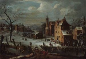 A Winter Scene With Villagers Skating On A Frozen River, A Horse-drawn Sleigh Crossing A Bridge In The Foreground