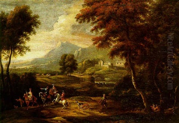 A Hunting Party With Falcons And Hounds In A Wooded Landscape - view 1