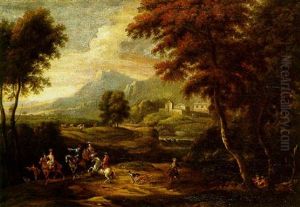 A Hunting Party With Falcons And Hounds In A Wooded Landscape by Jan Peter van Bredael the Elder