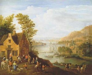 Reisende Vor Einem Wirtshaus Am Fluss Reisende Vor Einem Wirtshaus Am Fluss