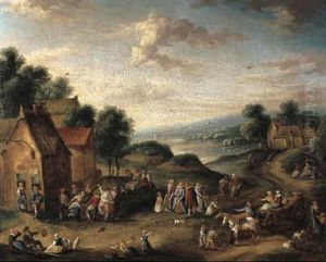 Feiernde Bauern Vor Einem Dorf