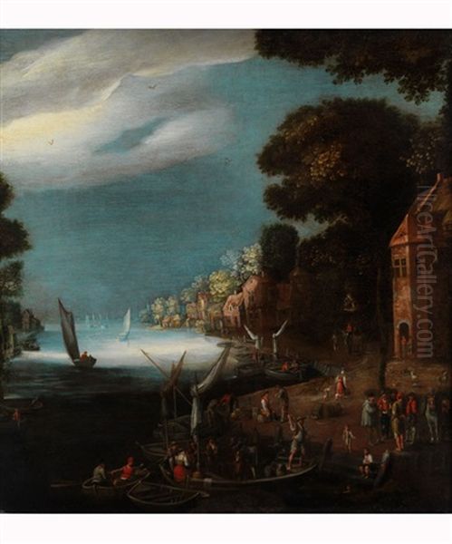 Meeresbucht Mit Ufergebauden Und Figurenstaffage - view 1
