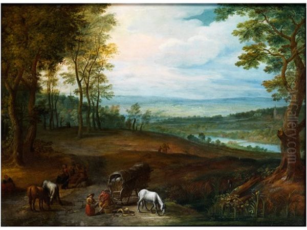 Weite Landschaft Mit Rastendem Fuhrwerk Und Einem Grasenden Schimmel - view 1