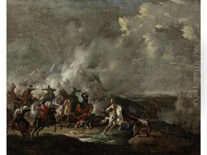 A Cavalry Skirmish With A Town In The Distance