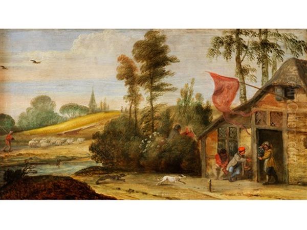 Baumlandschaft Mit Einer Anhohe Und Einer Wirtshauskate Mit Figurenstaffage - view 1