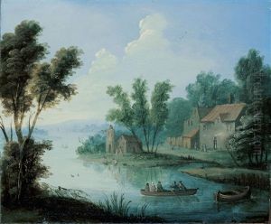 Flusslandschaft Mit Ruderboot Und Gehoft