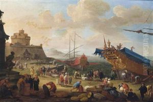 A Capriccio Of A Mediterranean Harbour By A Fortified Town, With Merchants And Figures Loading Cargo Near The Monument Of The Four Moors Of Livorno, A Mountain Beyond