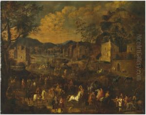 A Horse Fair In A Village, A Lake And Mountains Beyond