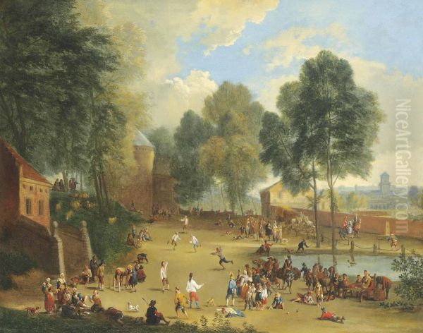 A Village Landscape With Figures Playing Ball Games - view 1