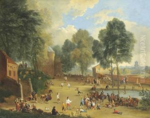 A Village Landscape With Figures Playing Ball Games by Alexander van Bredael