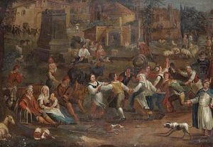Peasants Dancing, Drinking And Merrymaking In A Roman Street by Alexander van Bredael