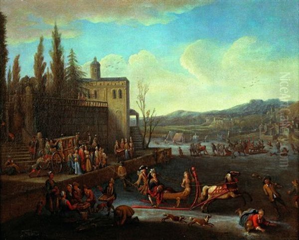 Promeneurs Et Traineaux Sur Une Riviere Gelee Sous La Terrasse D'un Palais Classique - view 1