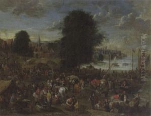 View Of A Crowded Market With Village And Harbor In The Distance by Alexander van Bredael