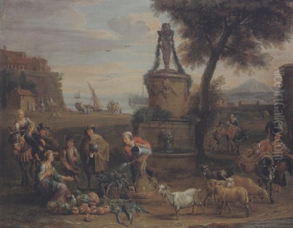 Gemuseverkauferin Und Viel Figuren In Einer Sudlandischen Hafenstadt - view 1