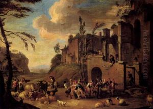 Tanzende Bauern Vor Den Mauern Einer Italienischen Stadt Tanzende Bauern Vor Den Mauern Einer Italienischen Stadt