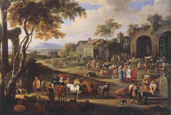 Peasants And Travellers In A Village In An Italianate Landscape - view 1