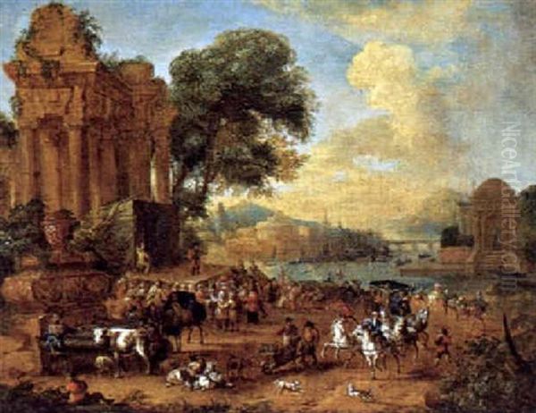Vorstellung Einer Schauspielertruppe (commedia Dell'arte) Auf Einem Marktplatz Mit Antiken Ruinen - view 1