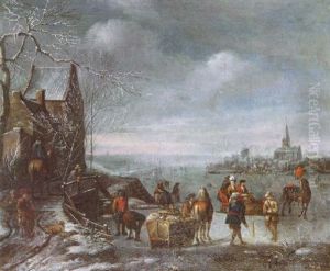A Winter Landscape With Figures On A Frozen Canal  In Horse-drawn Sledges, Others Skating And Playing Kolf, A Town Beyond by Alexander van Bredael