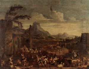 A Market Scene With Peasants Dancing Before Ruined Buildings In A Montainous Landscape by Alexander van Bredael