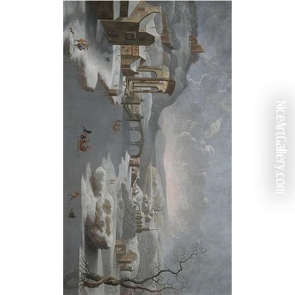 A Winter Landscape With Figures In Sleighs On A Frozen River - view 1
