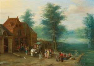 Travellers Resting By A River; And Travellers Resting By A Tavern by Joseph van Bredael