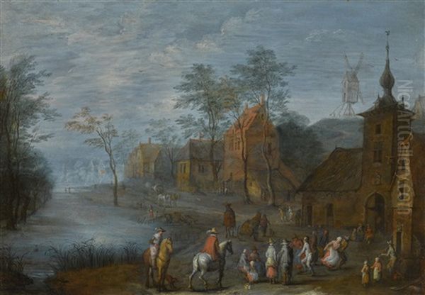 A River Passing Through A Village With Travellers And Figures Making Merry - view 1