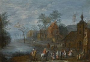 A River Passing Through A Village With Travellers And Figures Making Merry A River Passing Through A Village With Travellers And Figures Making Merry