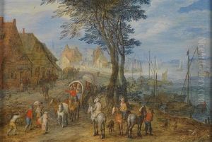 A Horse And Cart And Other Travellers On A Village Road by Joseph van Bredael