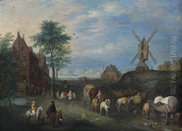 A Landscape With Travellers On A Road In A Village, A Windmill Nearby - view 1