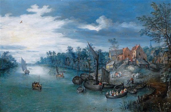 A River Landscape With Boats And A Village Beyond - view 1