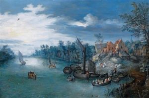 A River Landscape With Boats And A Village Beyond by Joseph van Bredael