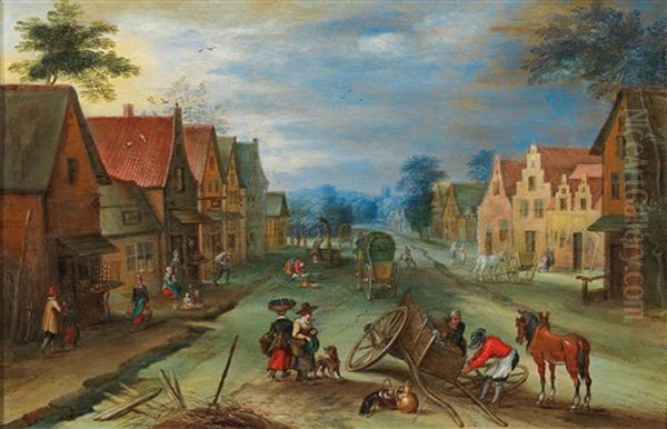 A Village Landscape With Travellers And Peasants Repairing A Horse-drawn Cart - view 1