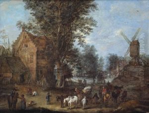 A Village Scene With Travellers And Wagoners And Numerous Other Figures At Their Daily Activities by Joseph van Bredael