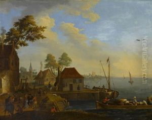 View Of A Bustling Fishing Town 11 1/8 X 14 1/4in (28.3 X 36.5cm)