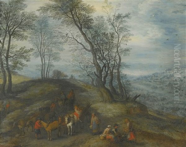 A Wooded Landscape With Travellers And Their Horses On A Path - view 1