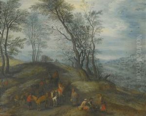 A Wooded Landscape With Travellers And Their Horses On A Path